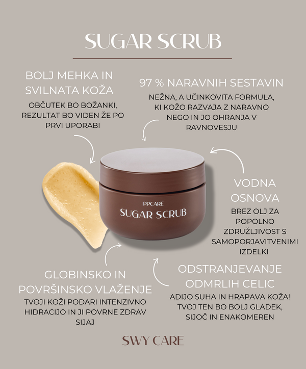 Sladkorni piling za telo iz naravnih sestavin, proizveden v Sloveniji